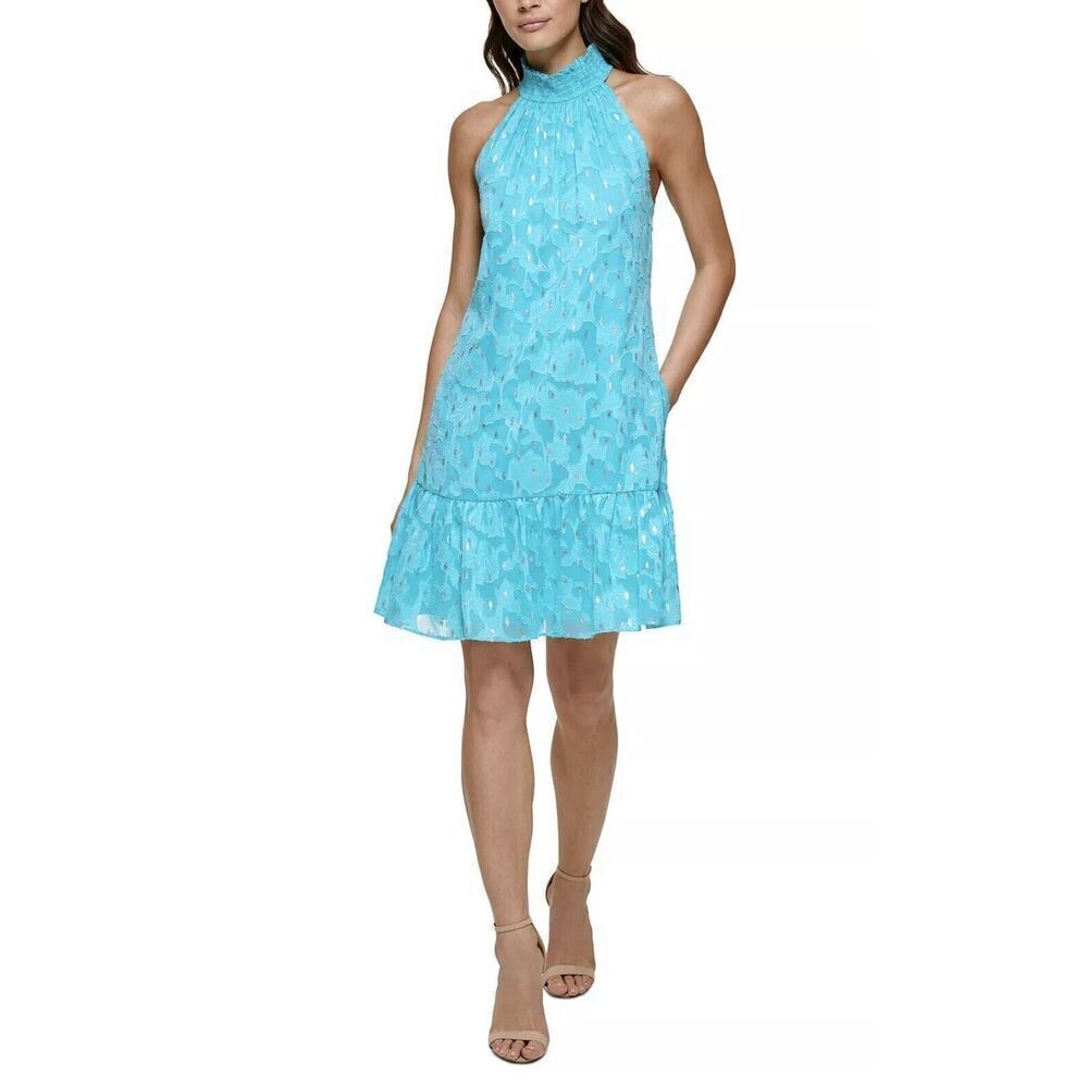 Kenzie Women's Halter Sleeveless Burnout Chiffon Dress. Aqua In Color. Size 4. 1